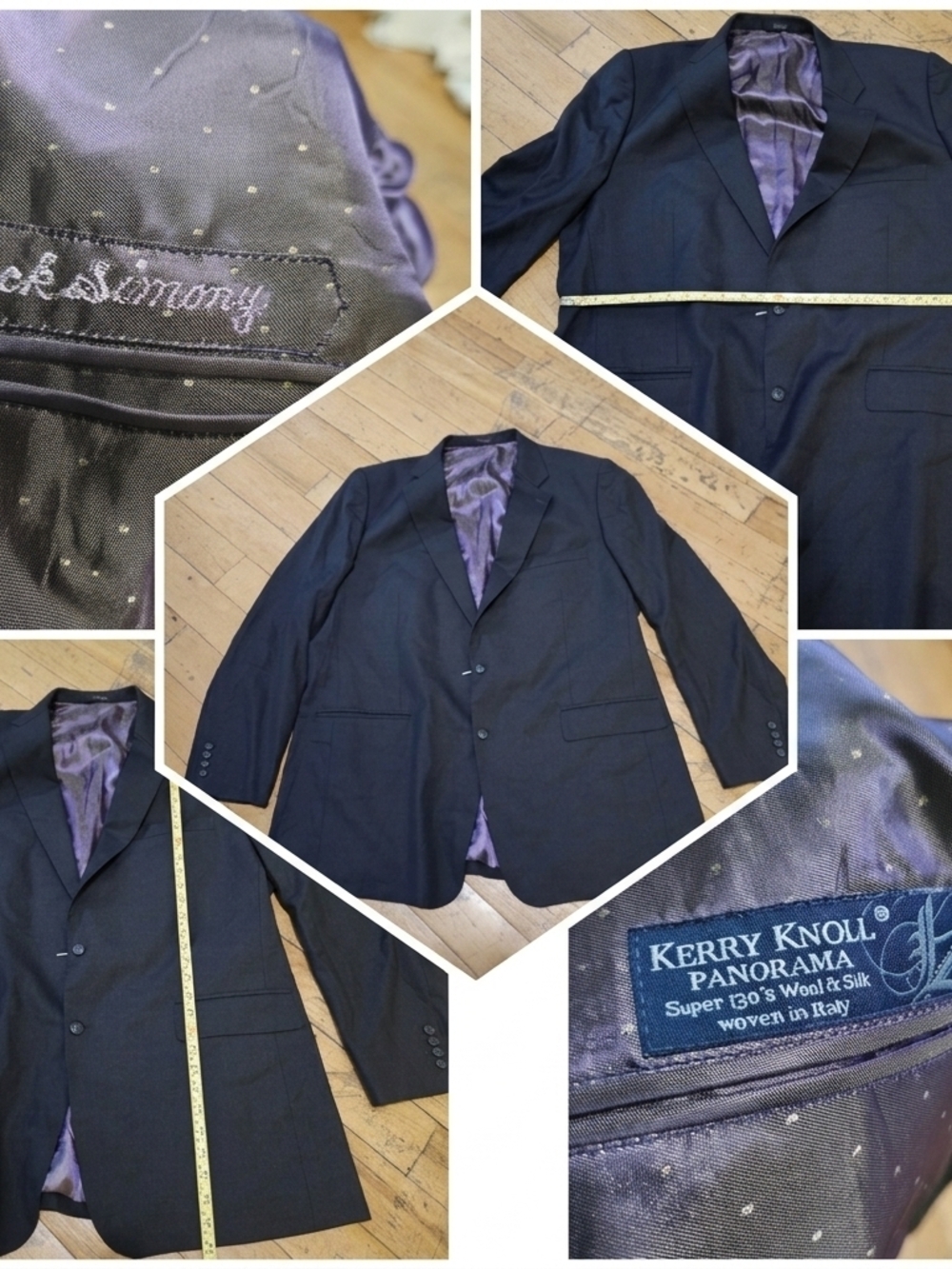 ​Jack Simony Blazer Men 48R Kerry Knoll Italy Super 130s Wool Silk Black/Charcoa